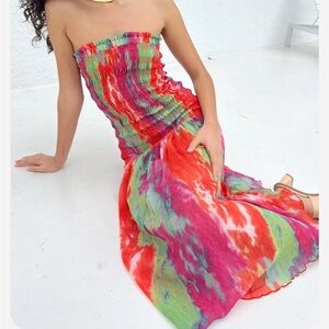 LISA SAYS GAH Echo Smocked Dress Summerburst Sheer XL Drop Waist Strapless